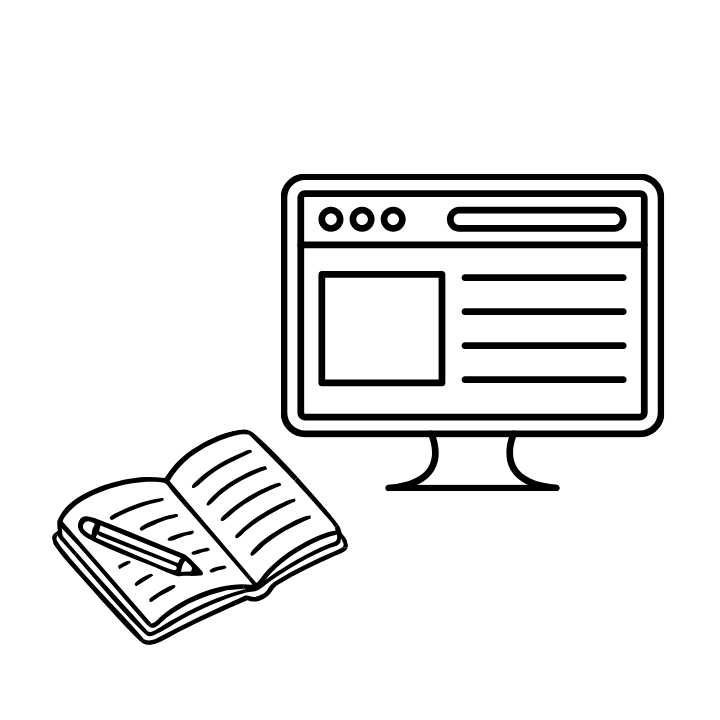 Grafic Websitepflege Website. Zu sehen ist ein Bildschirm mit einem Entwurf einer Website und ein Notizheft.