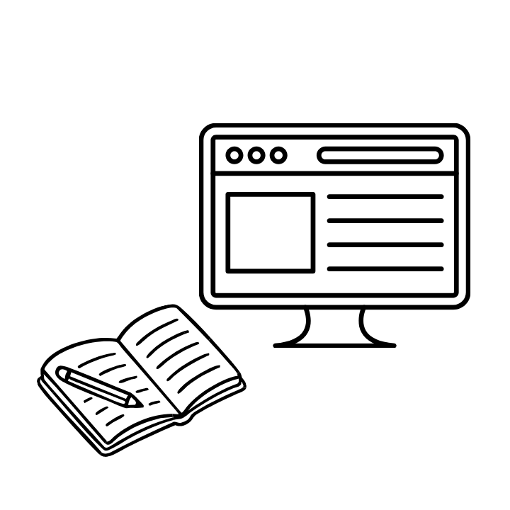 Grafic Websitepflege Website. Zu sehen ist ein Bildschirm mit einem Entwurf einer Website und ein Notizheft.